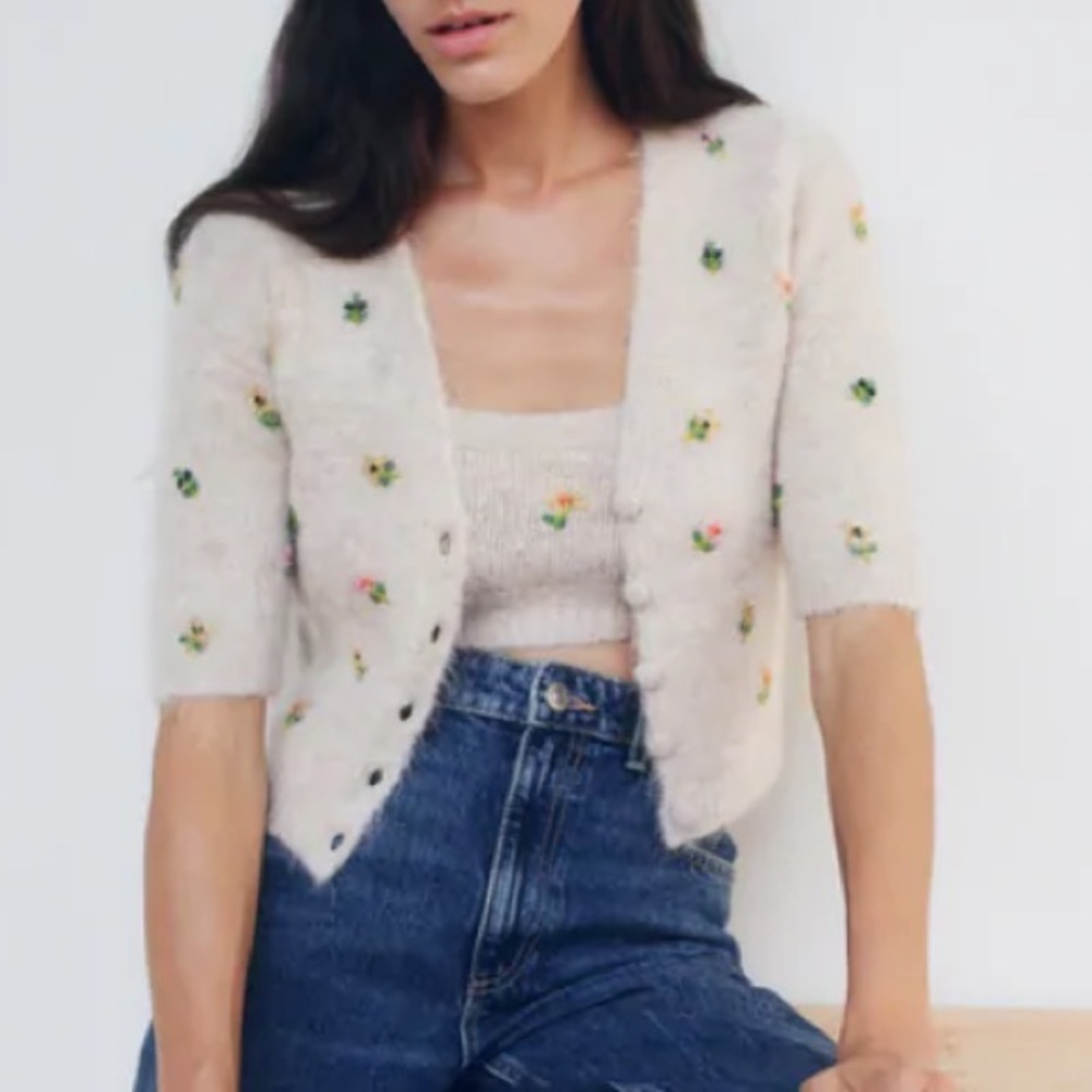 Zara embroidered beaded set tank and cardigan